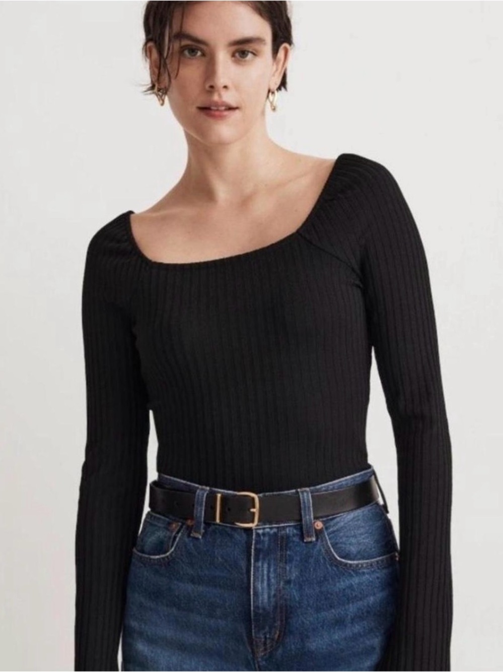 Madewell Black Ribbed Square-Neck Long Sleeve Top